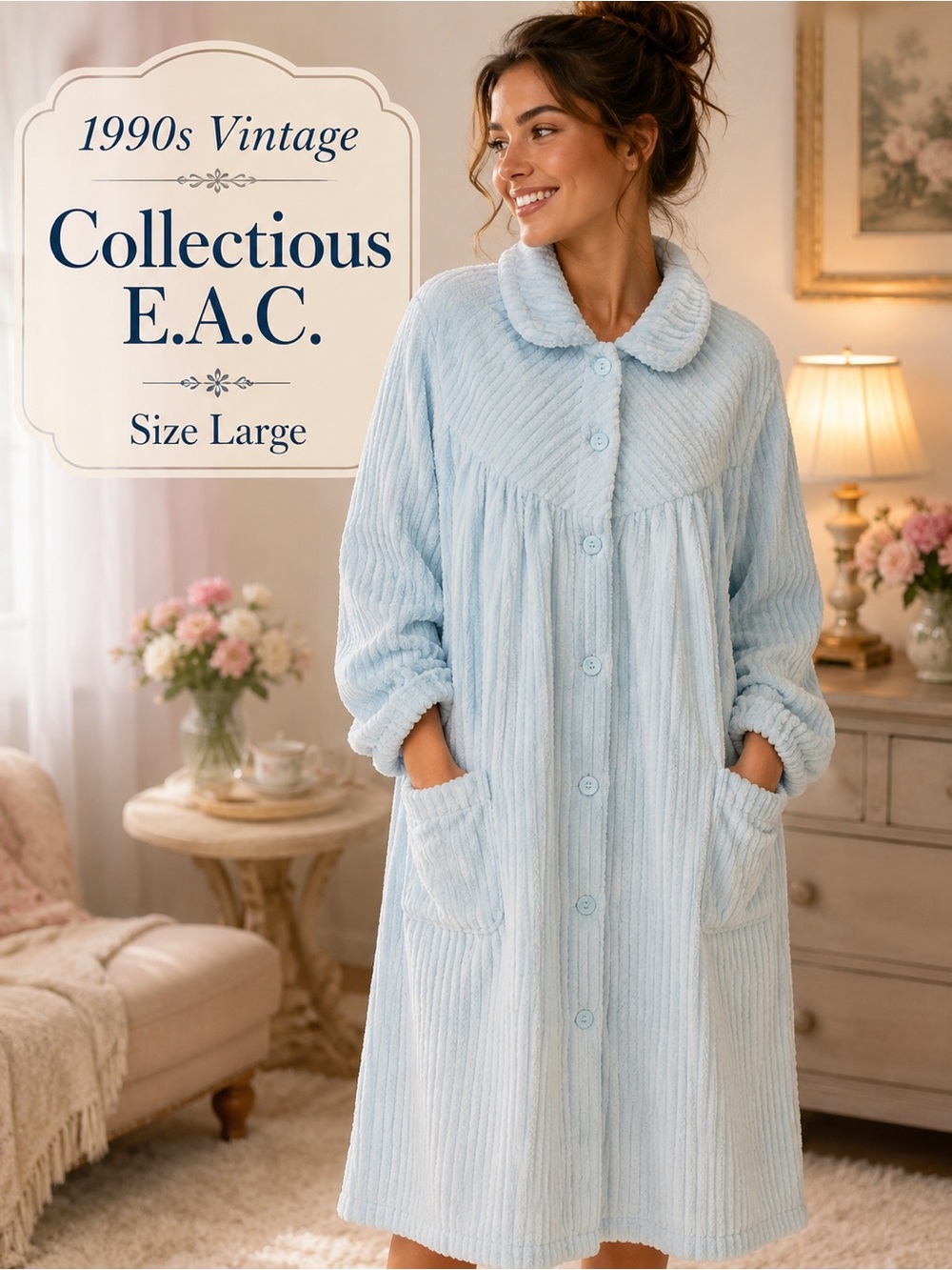 Vintage 90s Collectious E.A.C. Blue Plush Fleece Robe Large